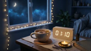 Une tasse de thé posée sur une table sous une lumière douce avec l'heure 01h10 en arrière-plan.