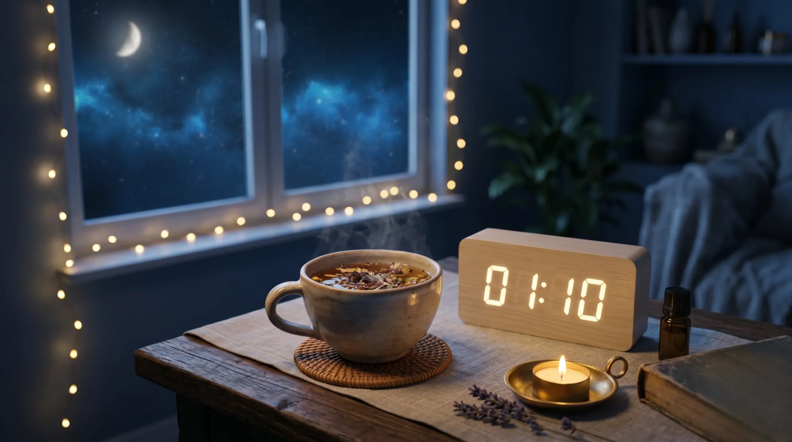 Une tasse de thé posée sur une table sous une lumière douce avec l'heure 01h10 en arrière-plan.