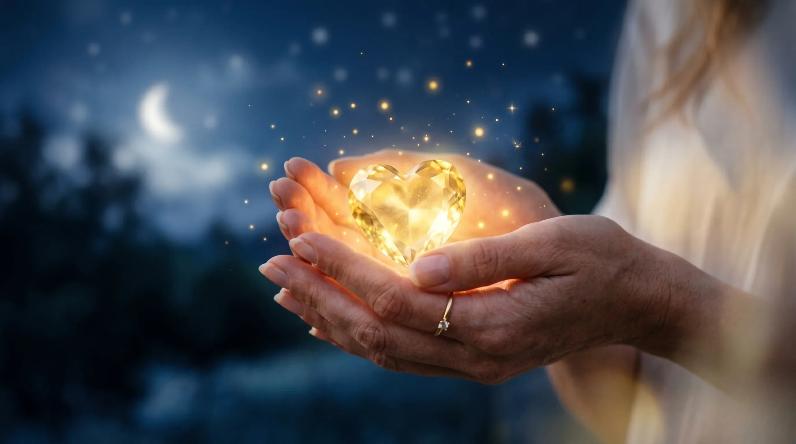 Des mains tenant un cristal en forme de cœur sous une douce lumière dorée.