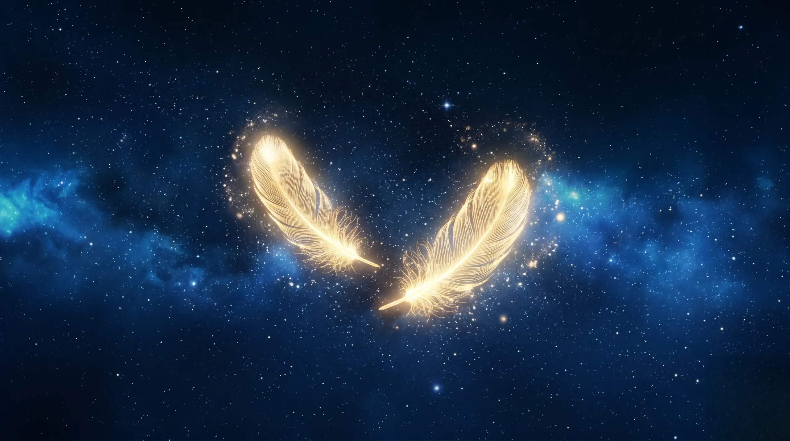 Deux plumes dorées flottant dans une atmosphère céleste pour symboliser la guidance du 02h20. 02h20 signification