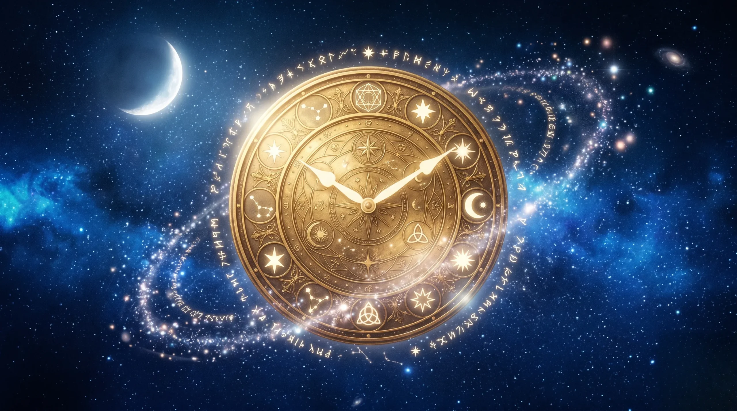 Cadran d'horloge dorée mystique flottant dans une nébuleuse bleu nuit. 08h08 signification