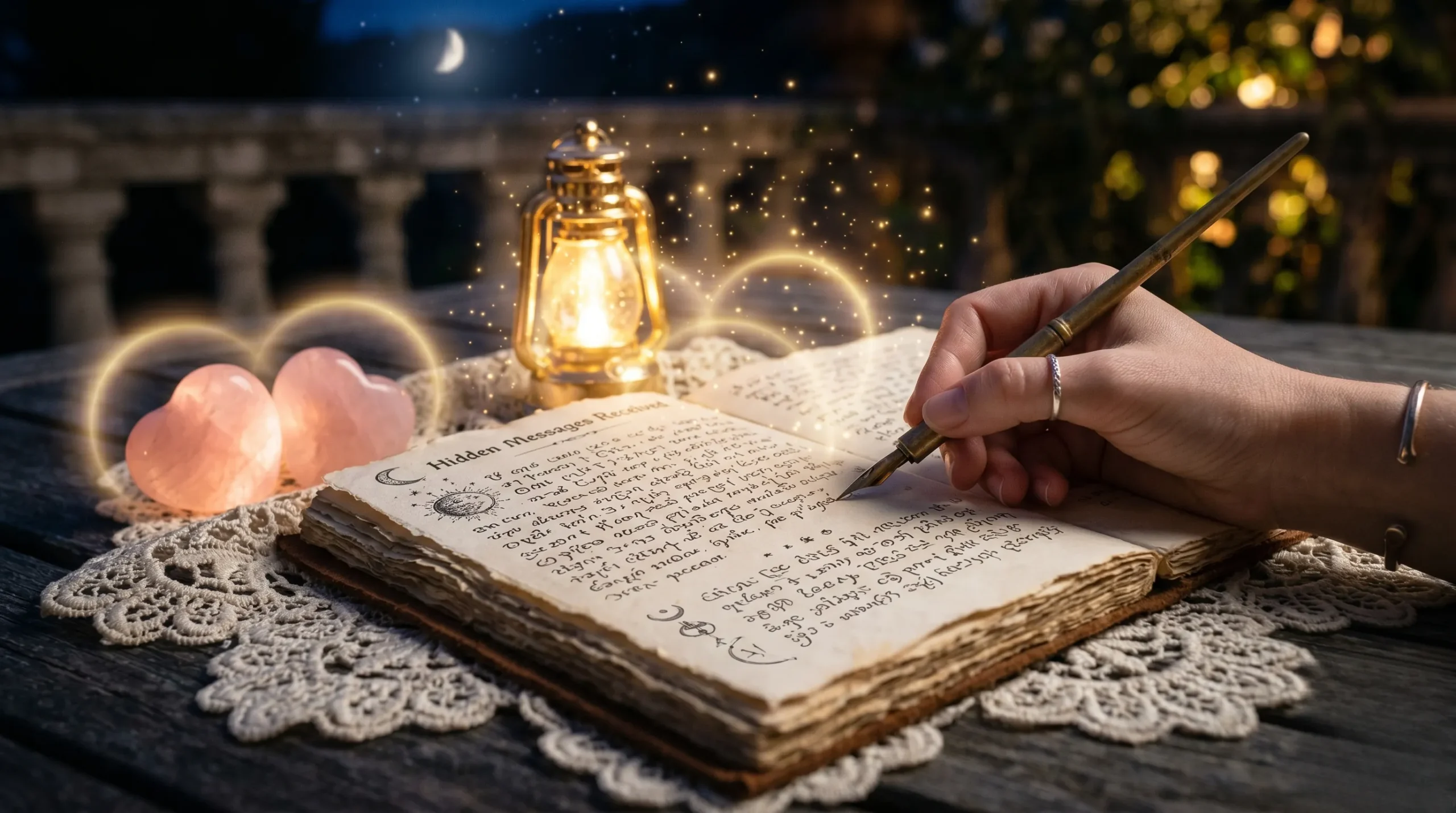 Main écrivant dans un journal mystique à la lueur d'une lampe dorée et de la lune.