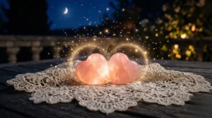 Deux cœurs en quartz rose brillant sur de la dentelle sous une lumière lunaire.