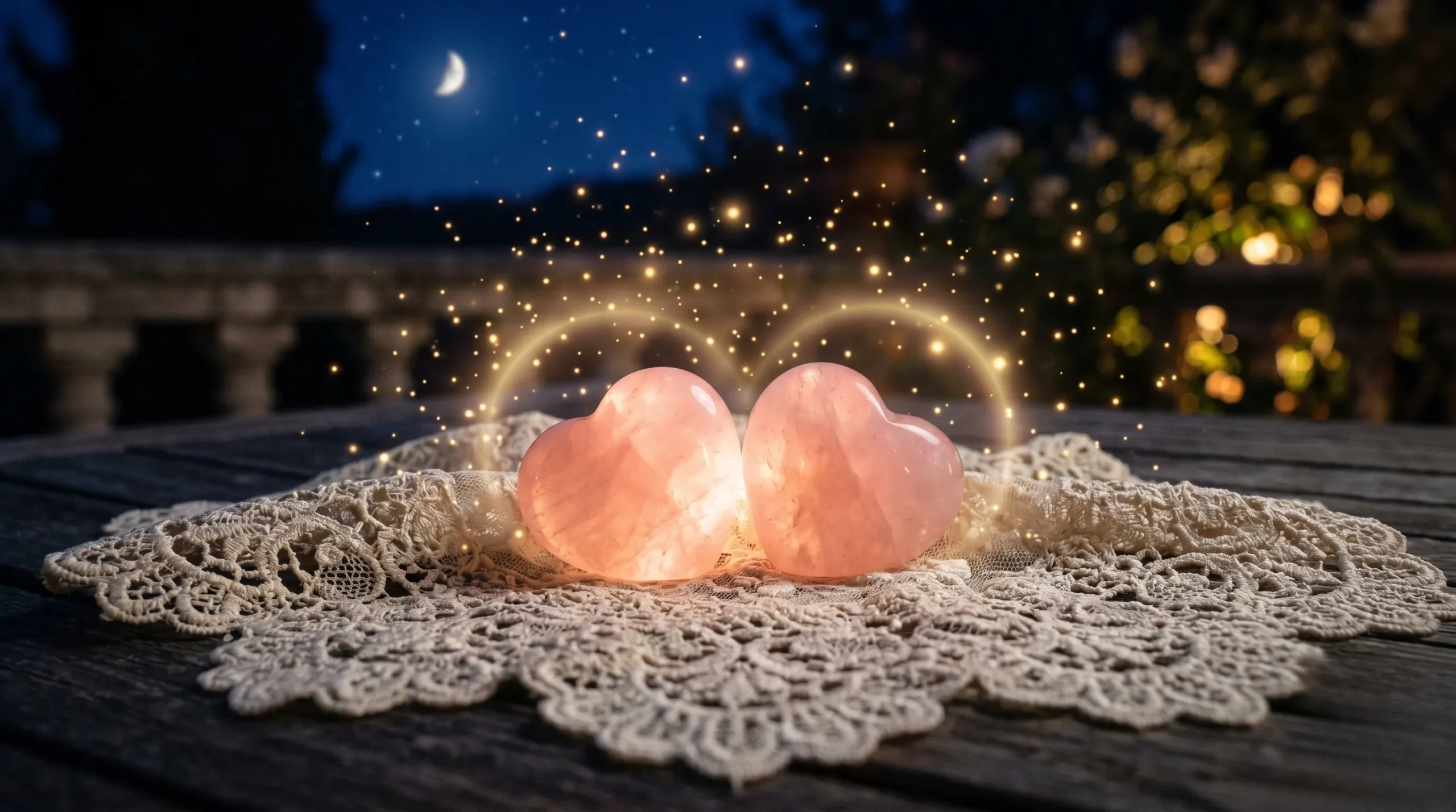 Deux cœurs en quartz rose brillant sur de la dentelle sous une lumière lunaire.