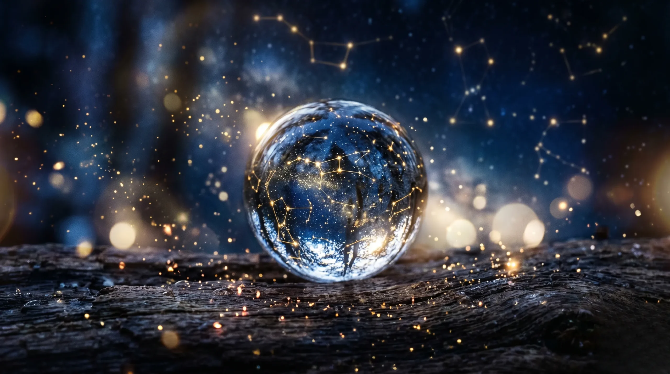 Une sphère de cristal réfléchissant un ciel étoilé mystique pour illustrer la signification du 23h23. 23h23 signification