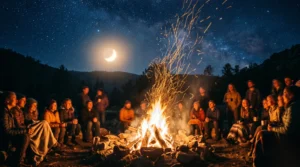 Étincelles dorées d'un feu de joie sacré montant vers un ciel étoilé bleu nuit.