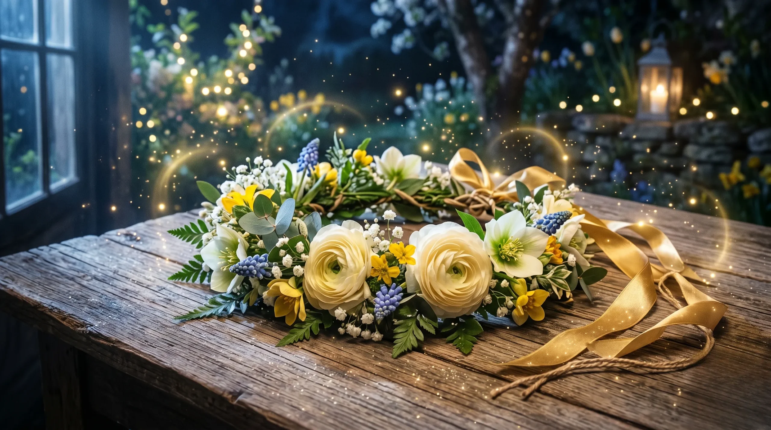 Couronne de fleurs printanières et rubans dorés sous une lumière lunaire mystique. Belteine