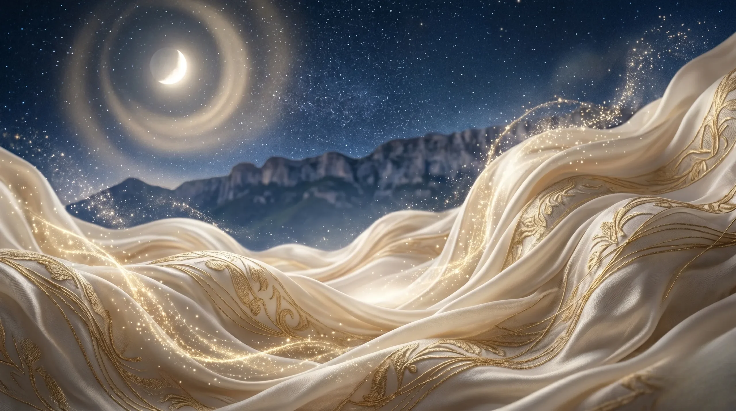 Vagues de tissus crème et dorées symbolisant le confort dans un univers céleste. Bolster bolster