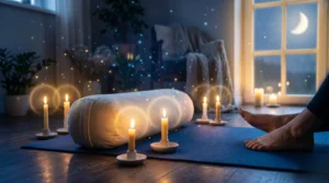 Bolster de yoga crème sur un tapis bleu nuit dans une ambiance tamisée dorée.