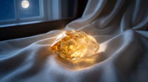 Cristal de citrine dorée reflétant la lumière lunaire sur de la soie crème.