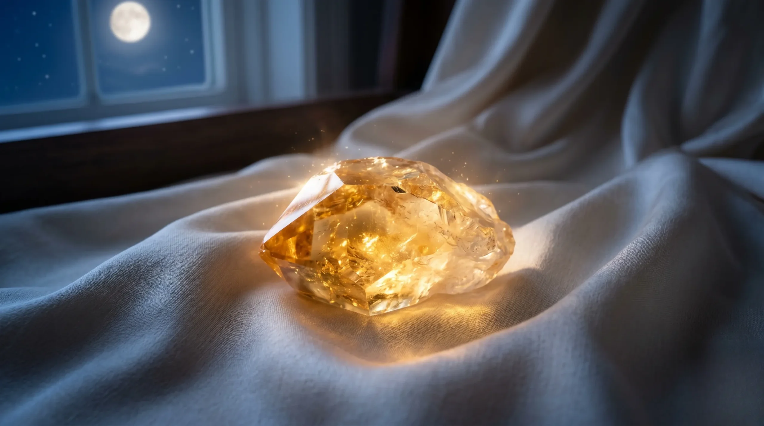 Cristal de citrine dorée reflétant la lumière lunaire sur de la soie crème.