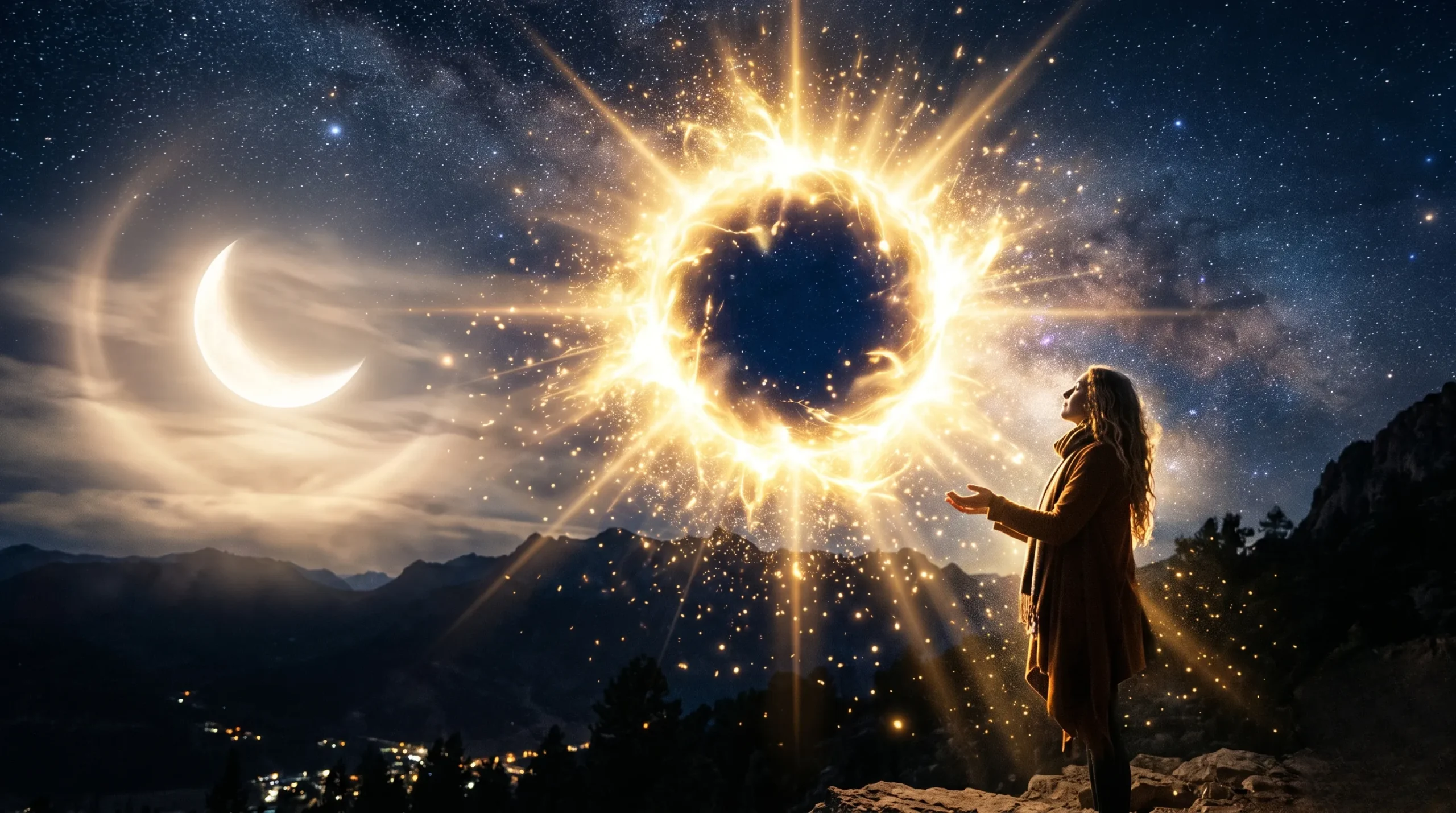 Éclat d'énergie solaire dorée émergeant d'un centre bleu nuit mystique. Chakra plexus solaire