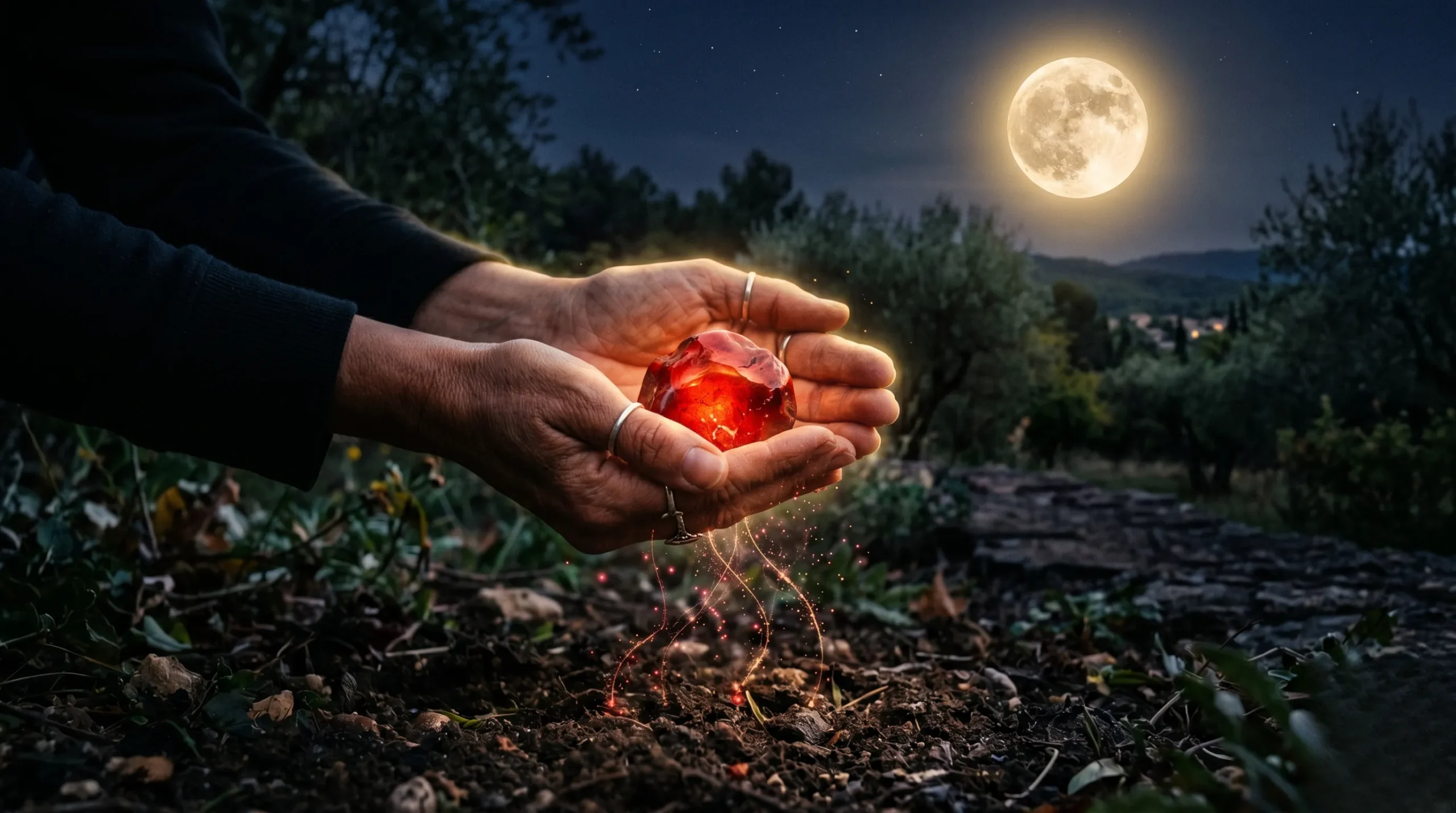 Mains tenant un cristal rouge brillant au-dessus du sol sous la lune.