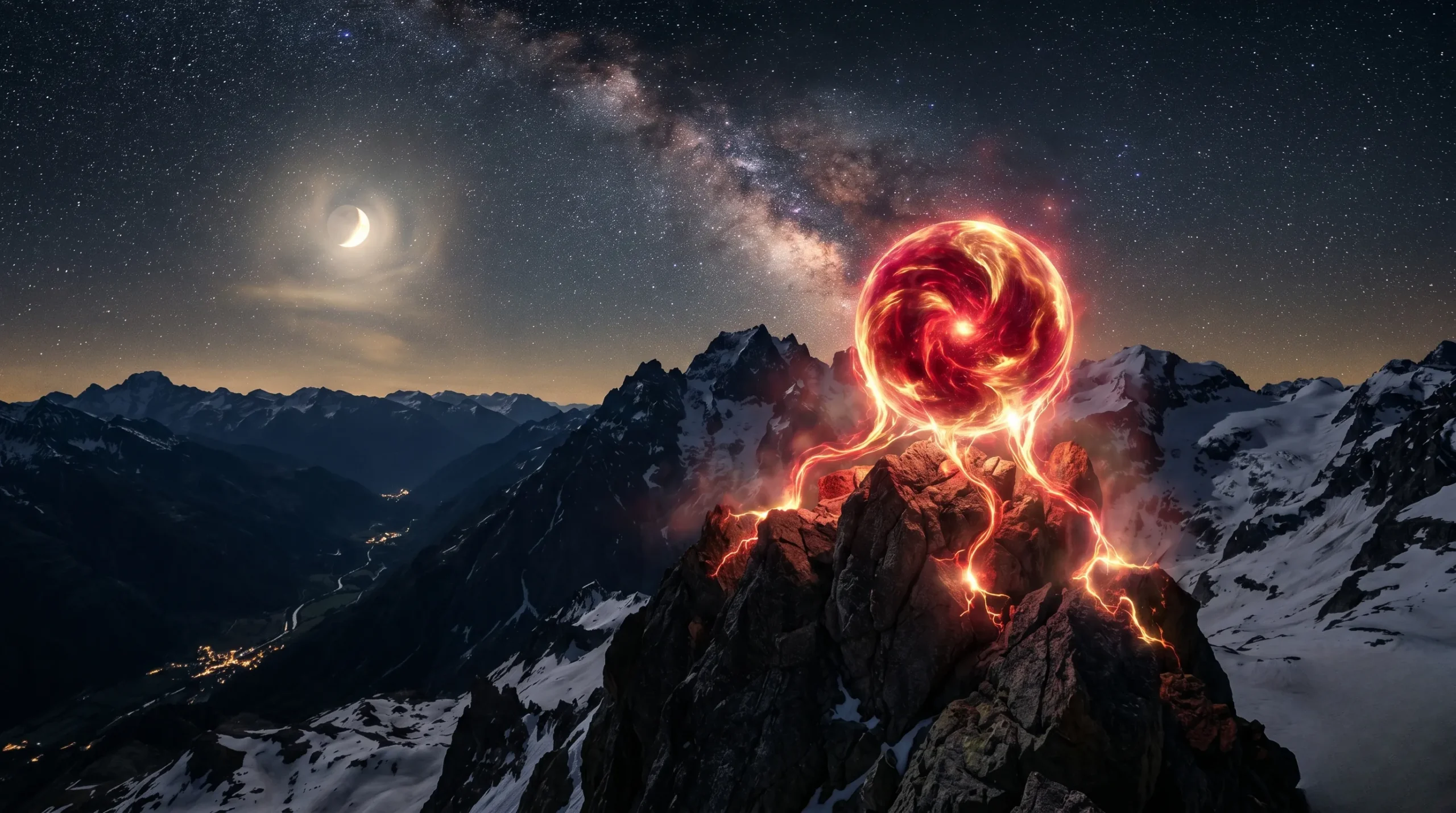 Sphère d'énergie rouge et or ancrée au sommet d'une montagne sous les étoiles. Chakra racine