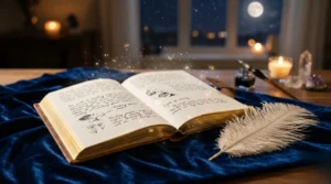 Journal intime aux bords dorés sur du velours bleu nuit éclairé par une lumière lunaire.