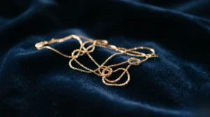 Un collier doré légèrement emmêlé sur un tissu velours bleu nuit.