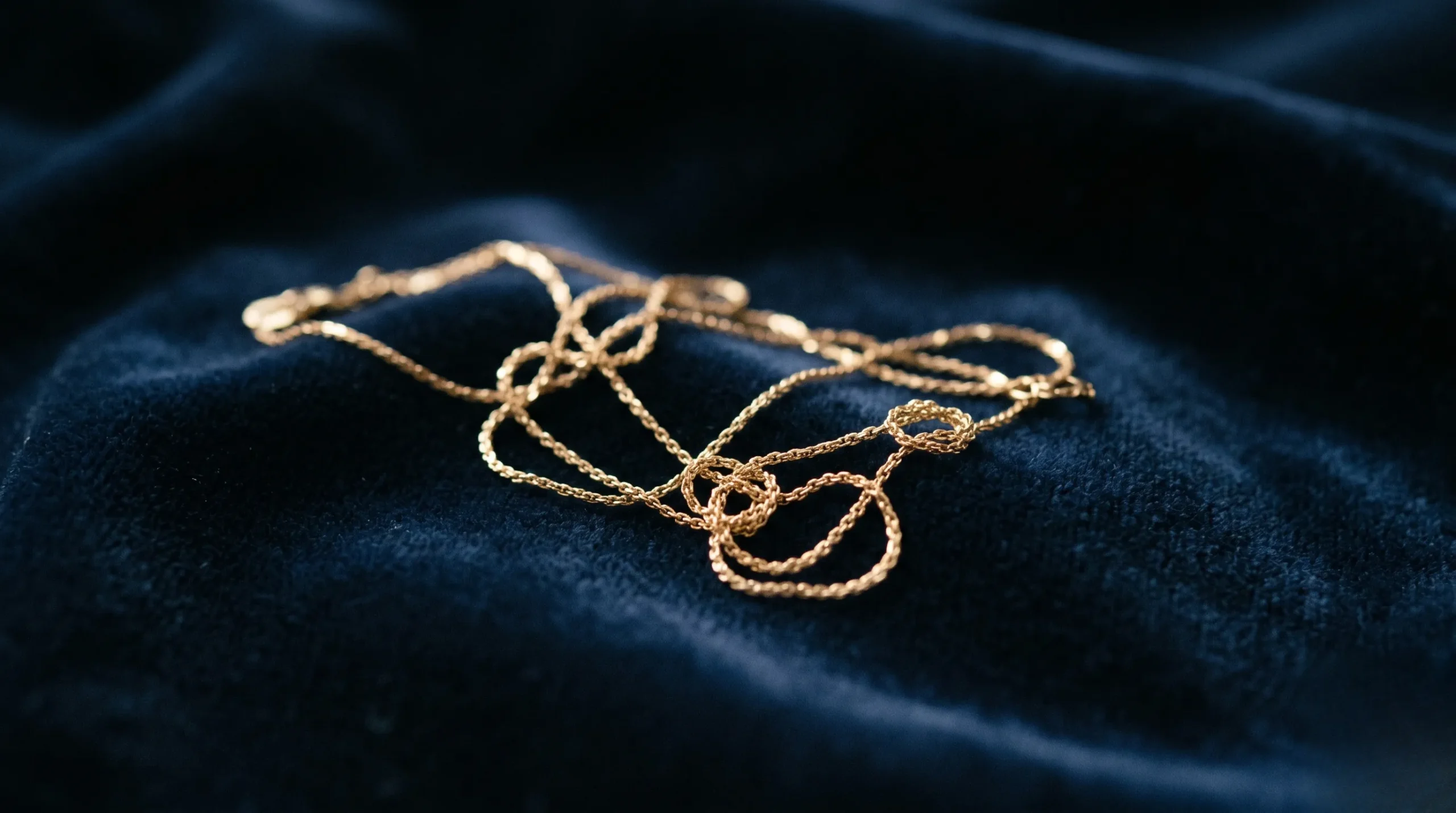 Un collier doré légèrement emmêlé sur un tissu velours bleu nuit.