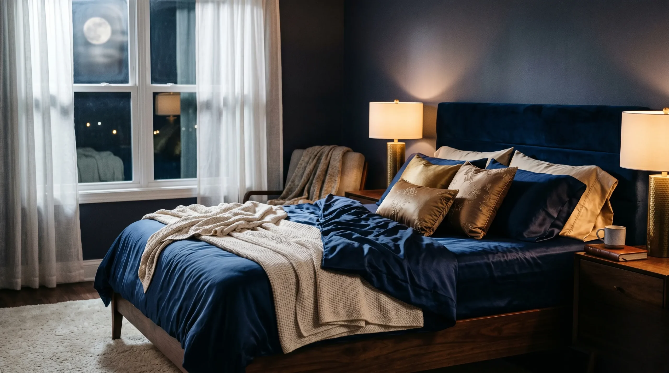 Une chambre élégante aux tons bleu nuit et or pour une ambiance intime. La femme belier au lit