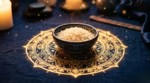 Un bol de gros sel au centre d'un cercle sacré pour une protection spirituelle nocturne.