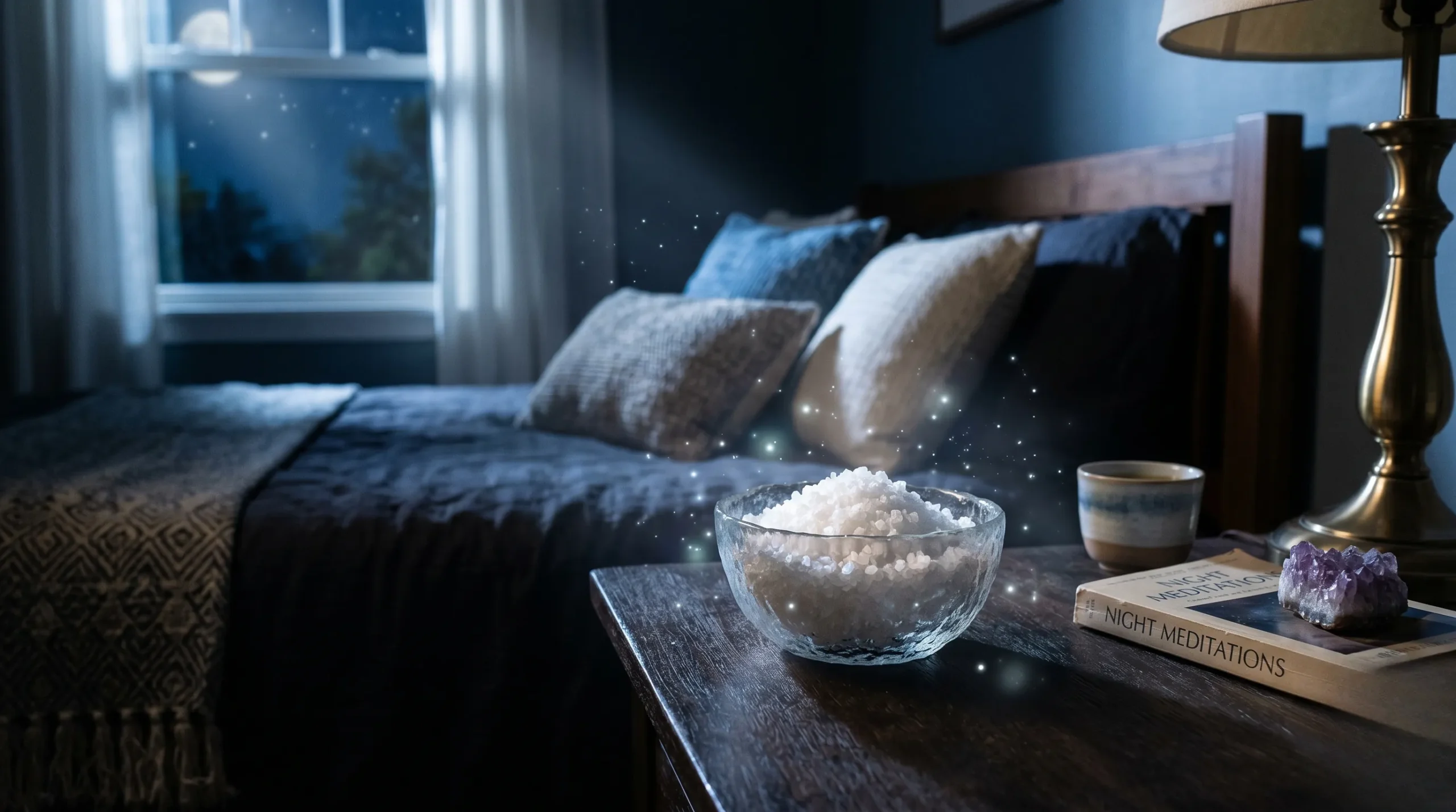 Un bol de gros sel posé près d'un lit dans une chambre baignée de lumière lunaire. Gros sel sous le lit spiritualité