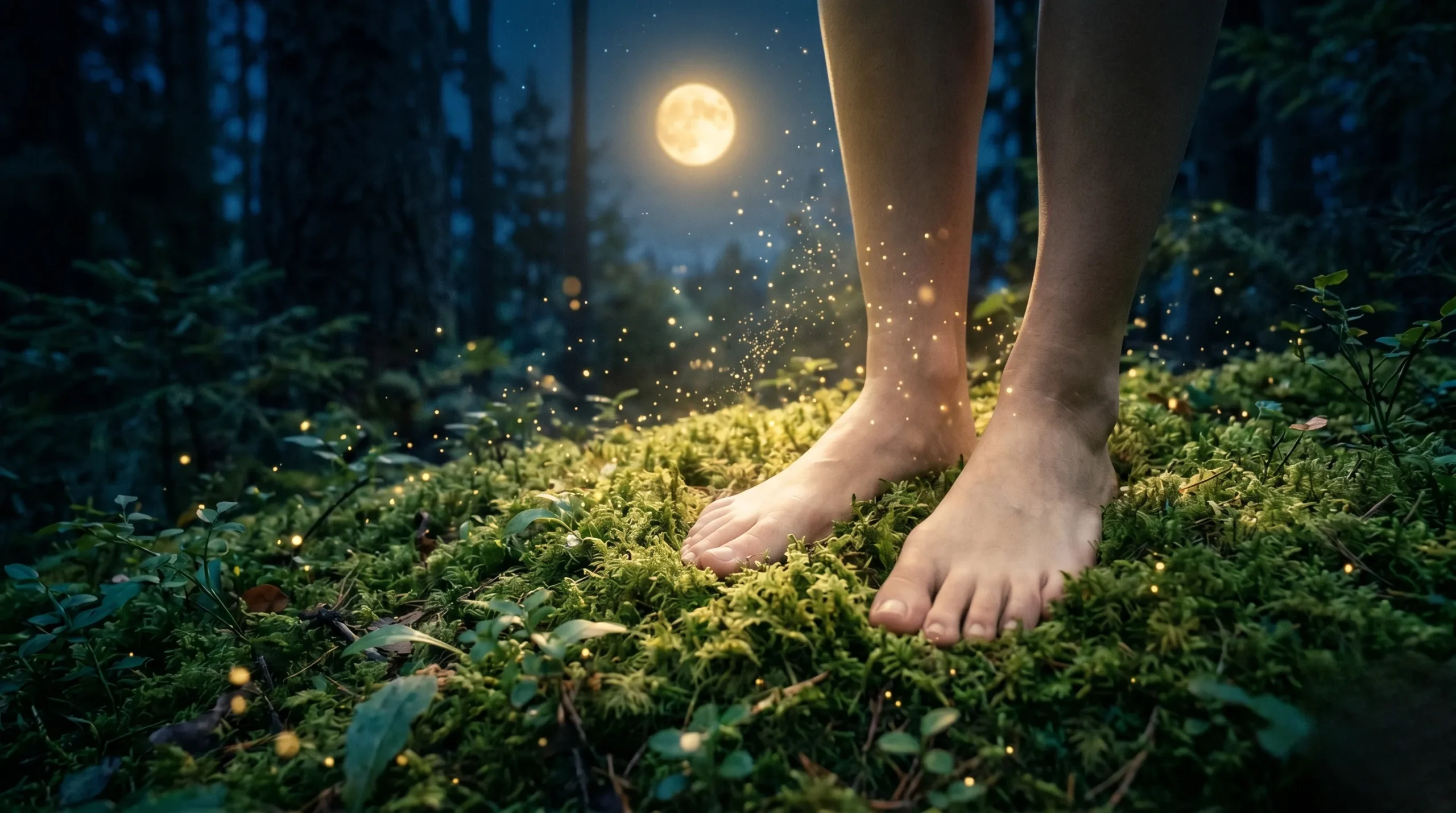 Pieds nus sur de la mousse verte éclairés par un halo doré sous un ciel bleu nuit.