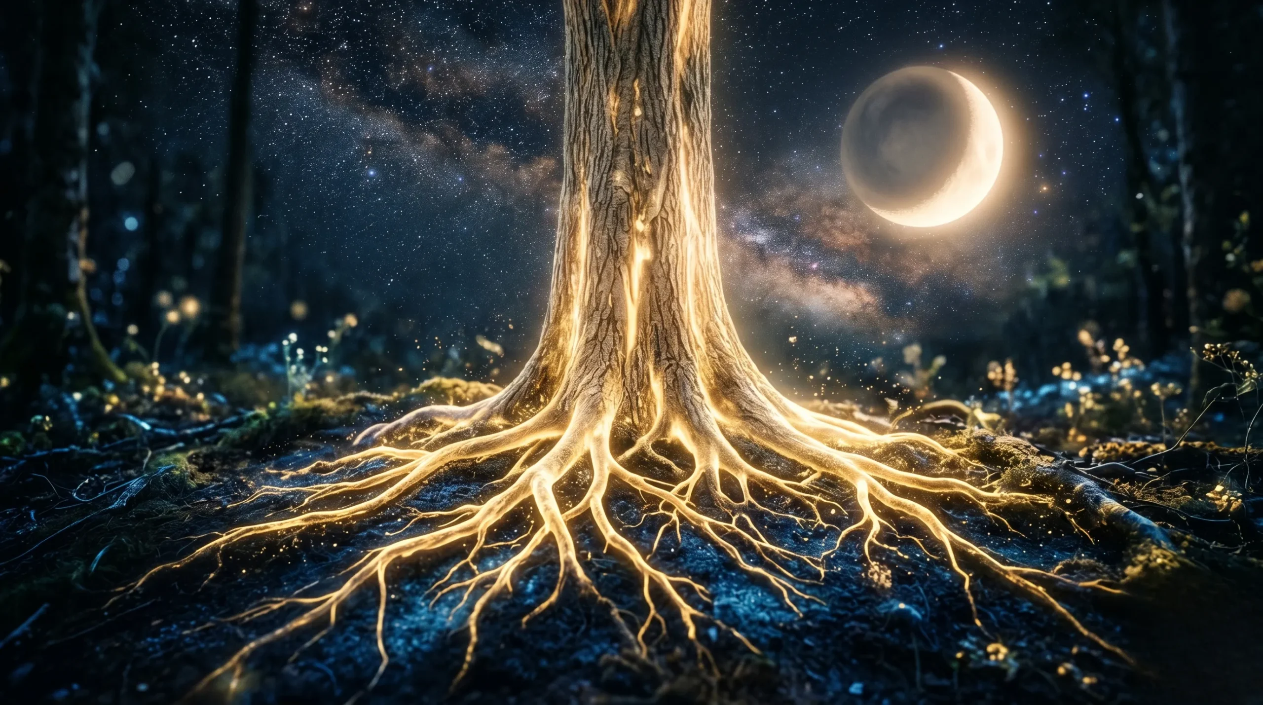 Racines dorées lumineuses s'enfonçant dans un sol bleu nuit sous une lumière éthérée. Grounding