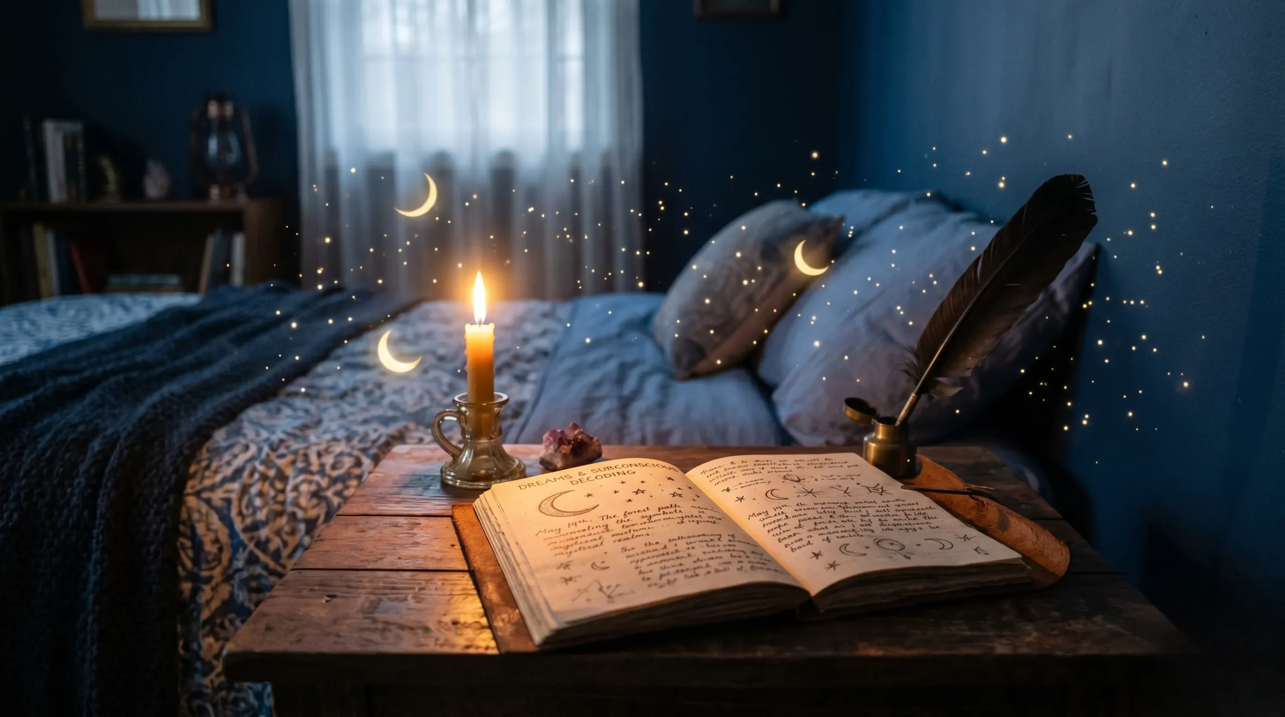 Un journal de rêves ouvert avec une plume dans une chambre à coucher mystique.