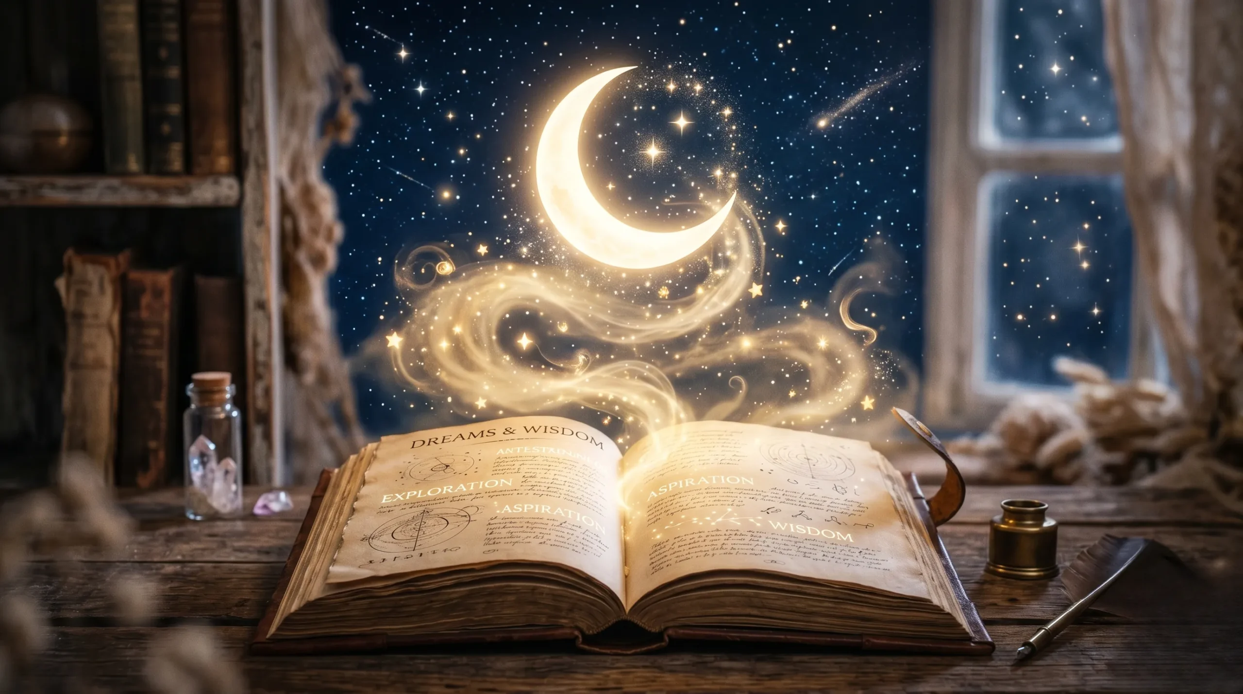 Un livre ouvert sur lequel brille un croissant de lune mystérieux. Interpretation des reves
