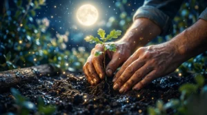 Mains déposant un jeune plant dans la terre sombre sous une douce lumière lunaire dorée.