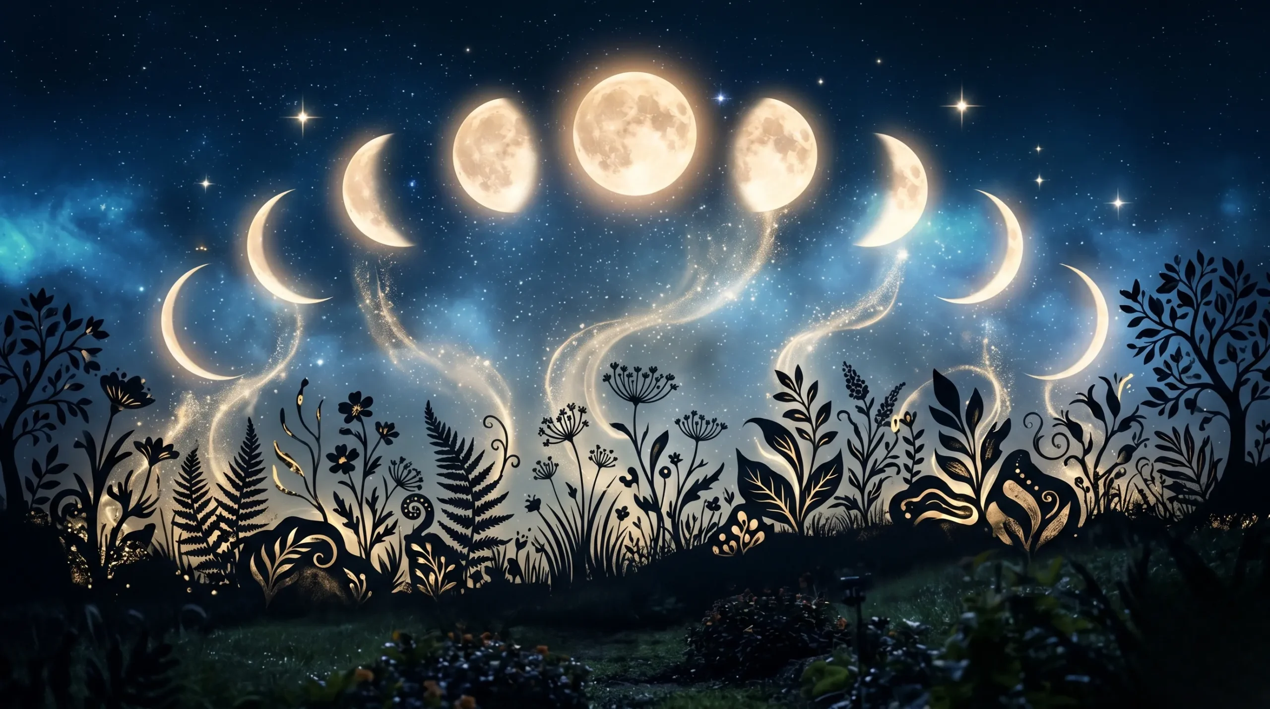 Phases de la lune étincelantes au-dessus d'un jardin mystique dans des tons bleu nuit et or. Jardiner avec la lune