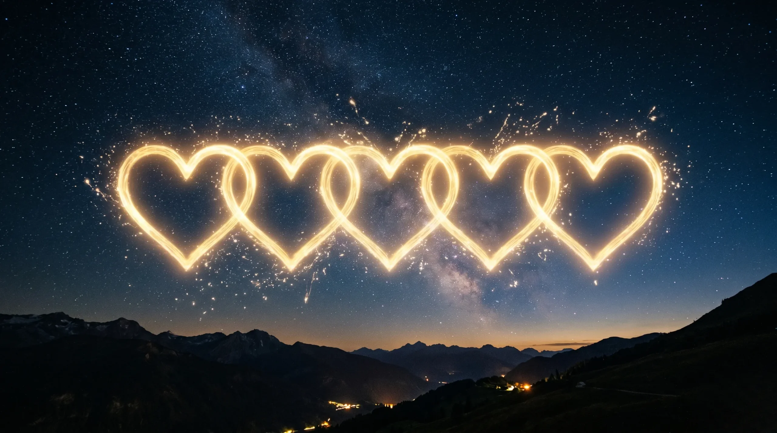 Cinq cœurs dorés entrelacés symbolisant les langages de l'amour dans le ciel.