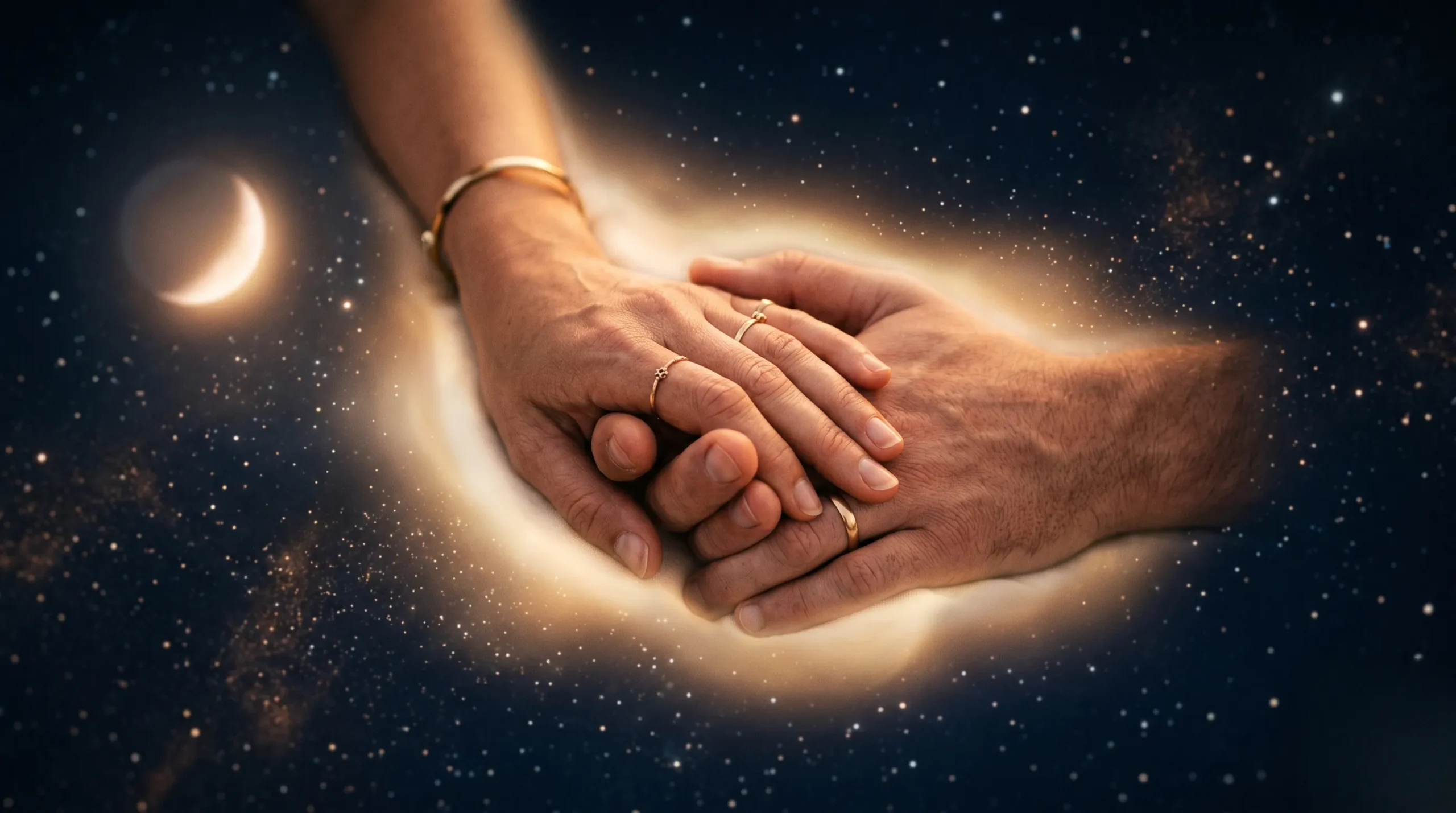Deux mains qui se tiennent tendrement sous une lumière céleste apaisante. Les 5 langages de l'amour