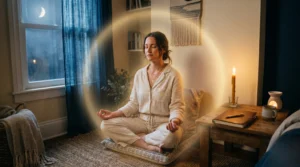 Une personne en méditation dans une ambiance calme et lumineuse.