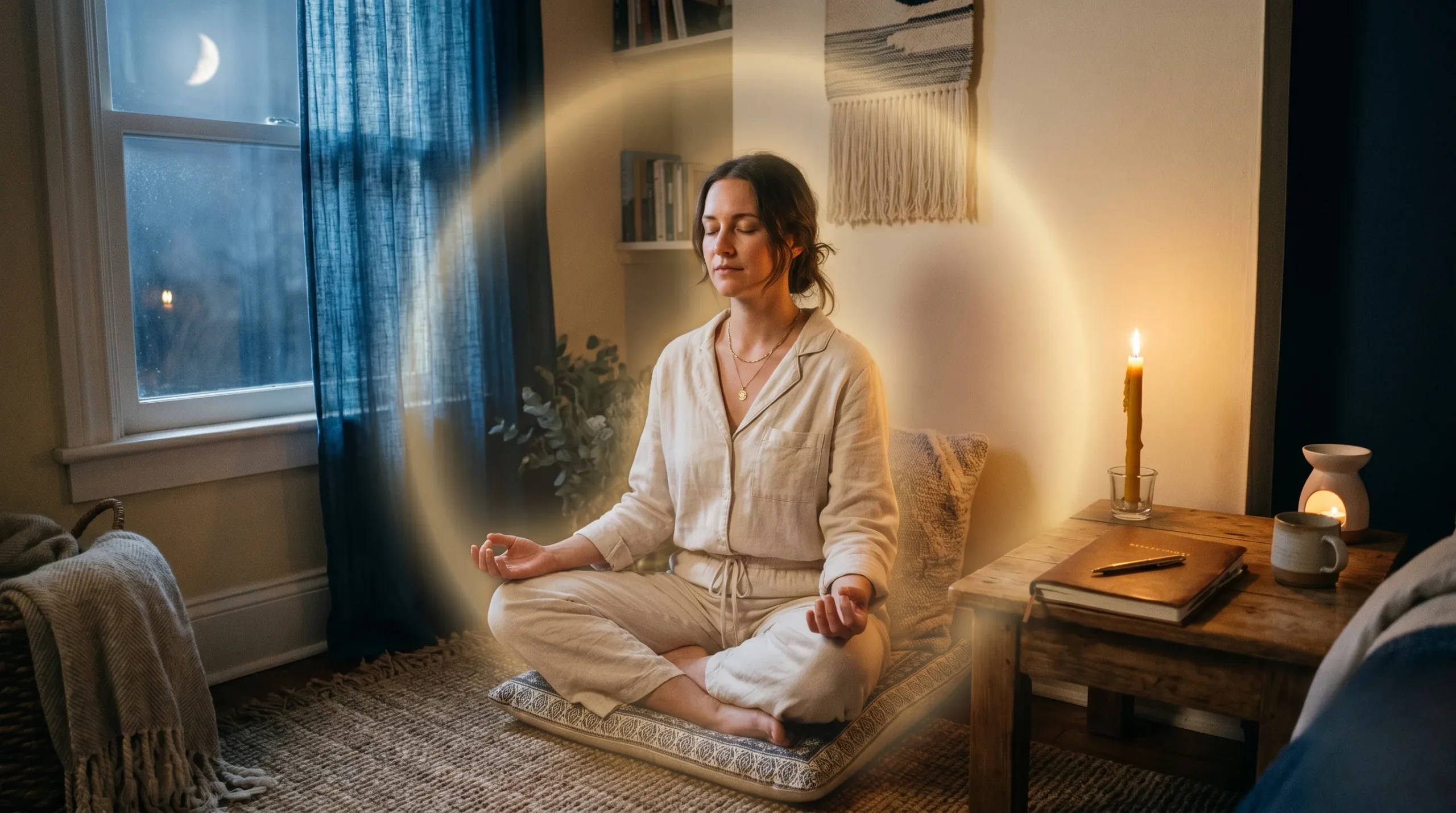 Une personne en méditation dans une ambiance calme et lumineuse.