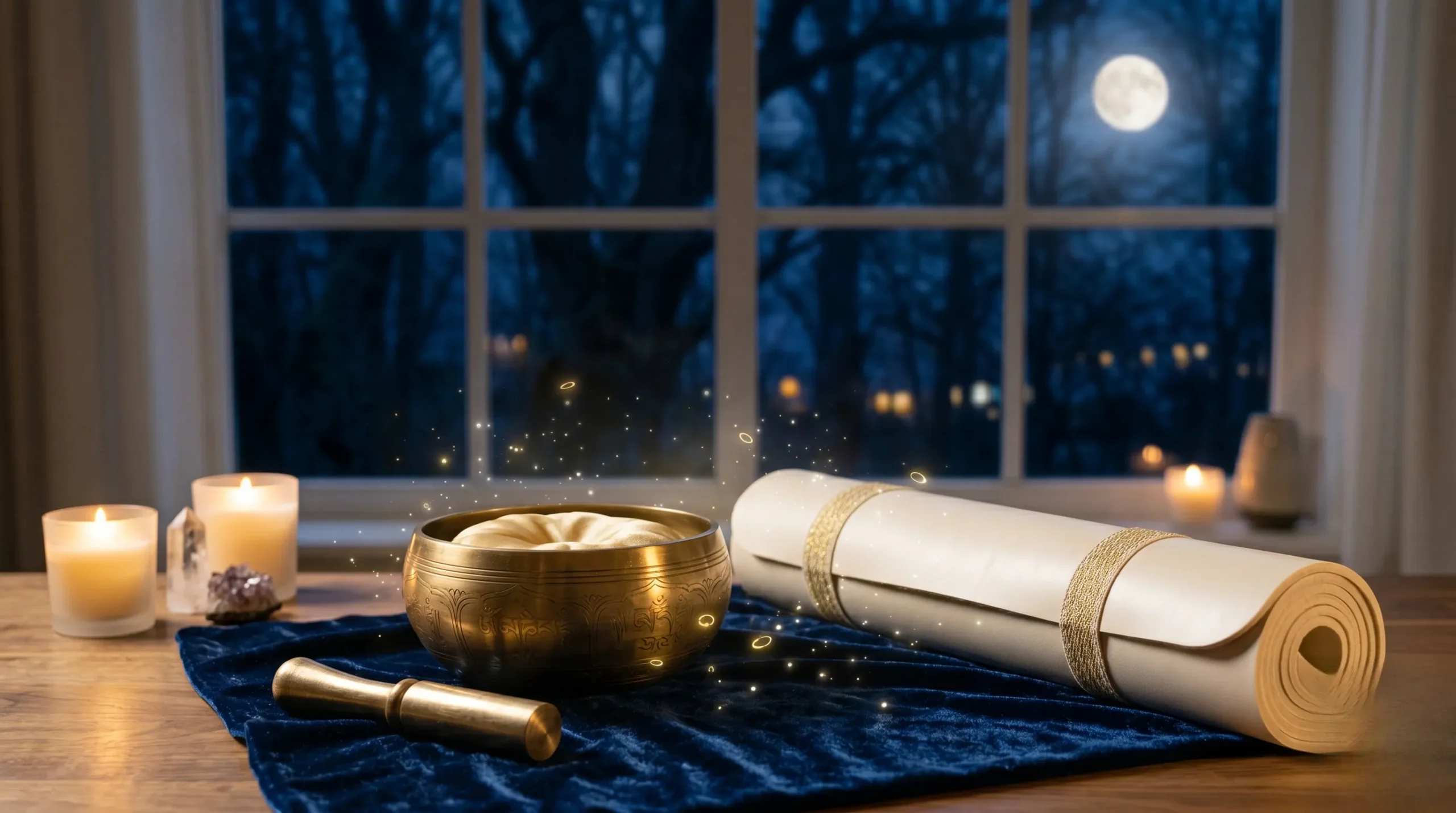 Bol chantant doré et tapis de yoga dans une pièce baignée de lumière lunaire.