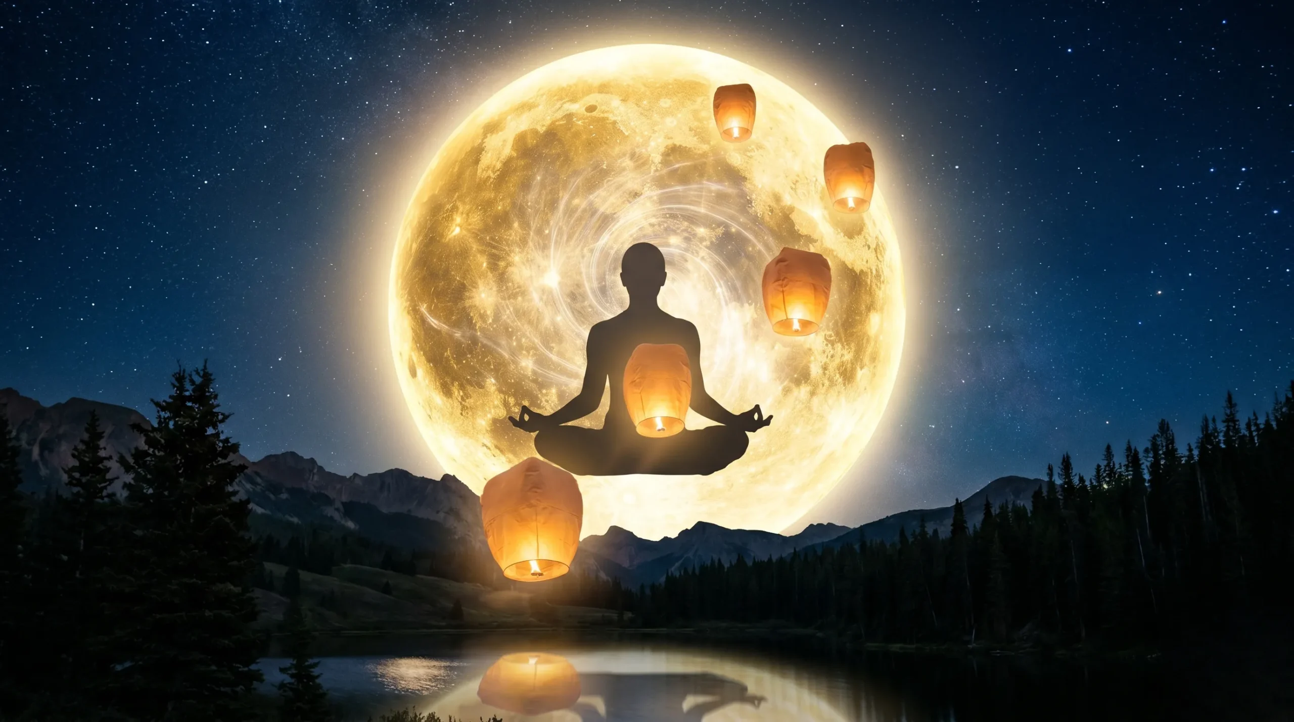 Silhouette en méditation devant une immense lune dorée dans un ciel bleu nuit. Retraite yoga