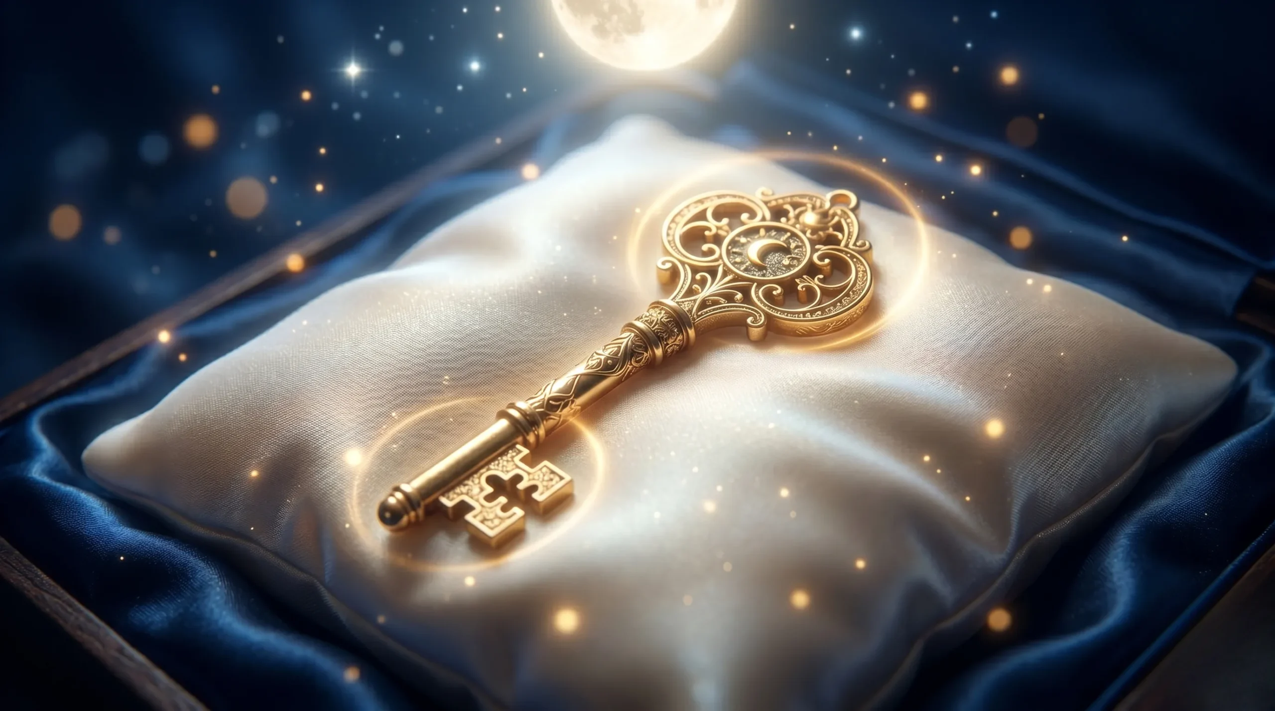Clé dorée ornée posée sur un coussin de soie crème sous une douce lumière lunaire. Rêver qu'on vous remet une clef islam