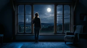 Une silhouette regardant la lune par la fenêtre pour symboliser le lâcher-prise.
