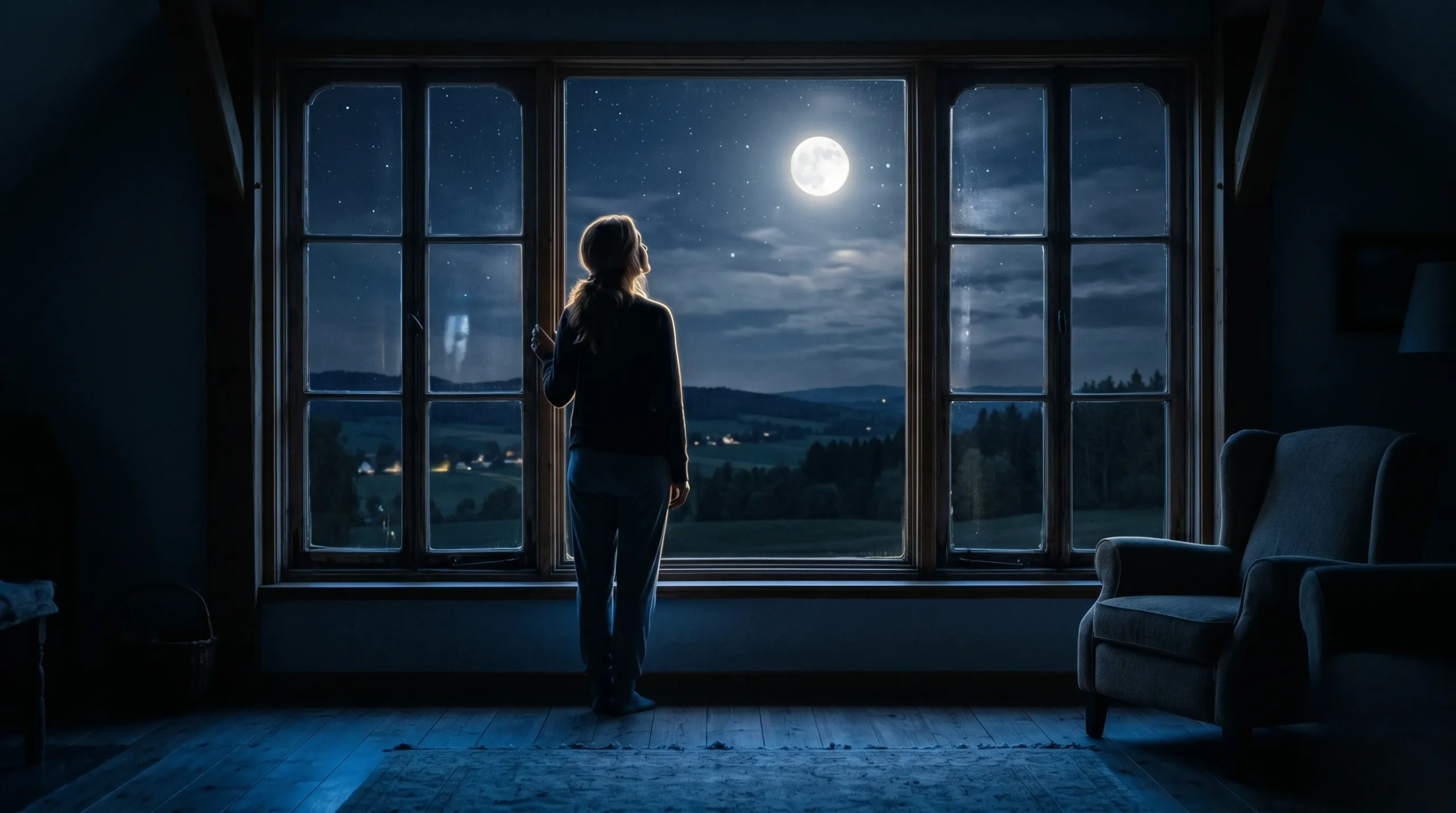 Une silhouette regardant la lune par la fenêtre pour symboliser le lâcher-prise.