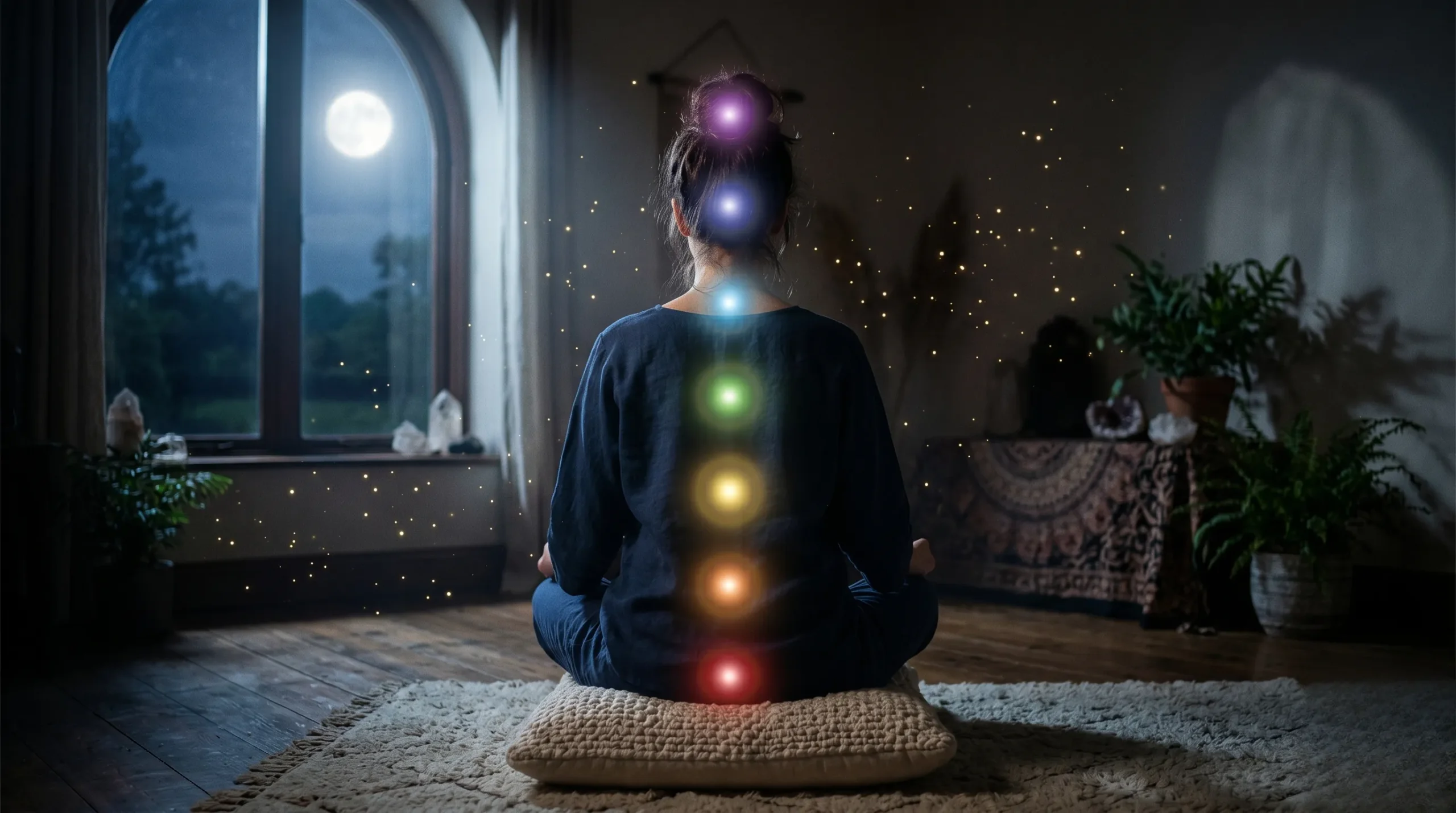 Silhouette en méditation avec sept points lumineux alignés le long du dos.