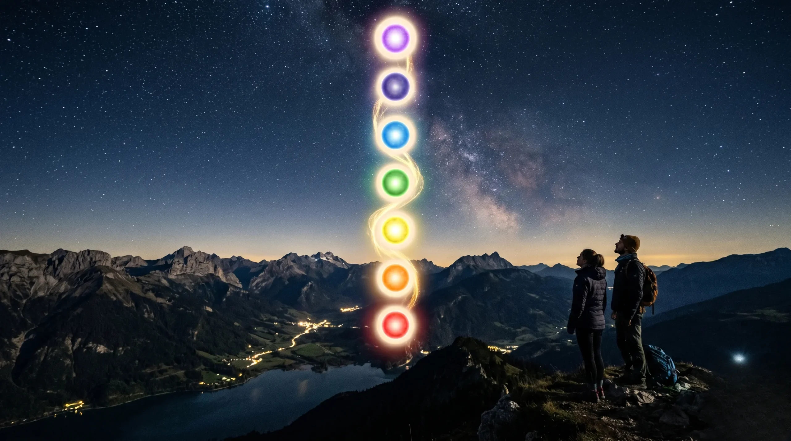 Sept sphères lumineuses alignées verticalement dans un ciel étoilé bleu nuit. 7 chakras