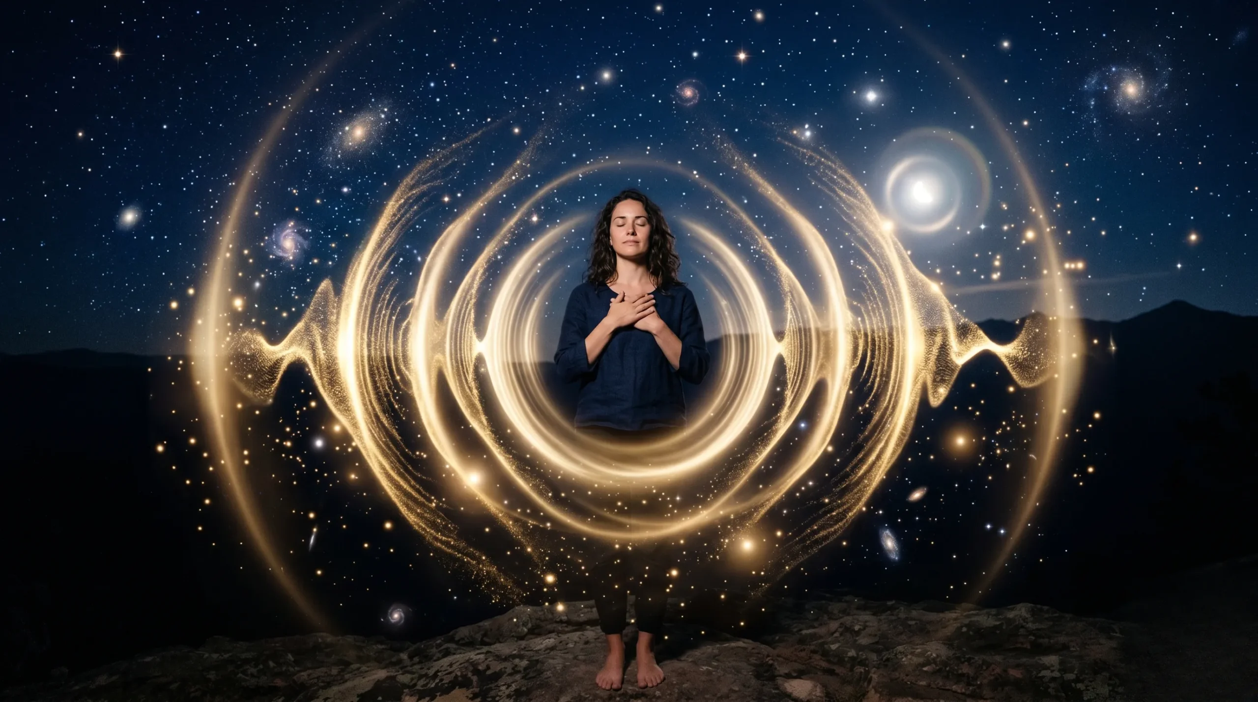 Des ondes sonores représentées par des cercles dorés dans un espace céleste. Son vibratoire