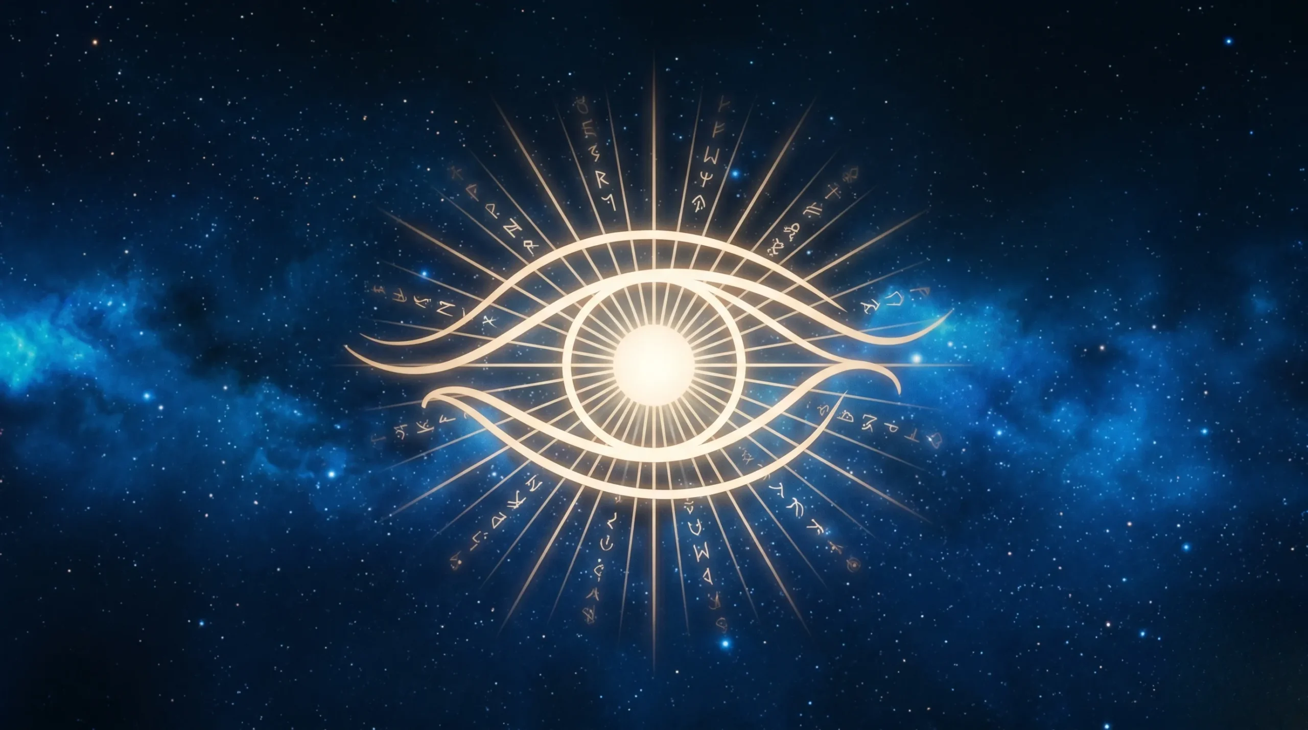 Un symbole d'œil formé par de la lumière dorée dans un espace céleste. Symbole de l'oeil signification