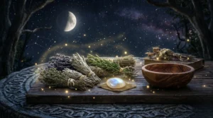 Herbes séchées et pierre de lune sur un autel en bois sous les étoiles.