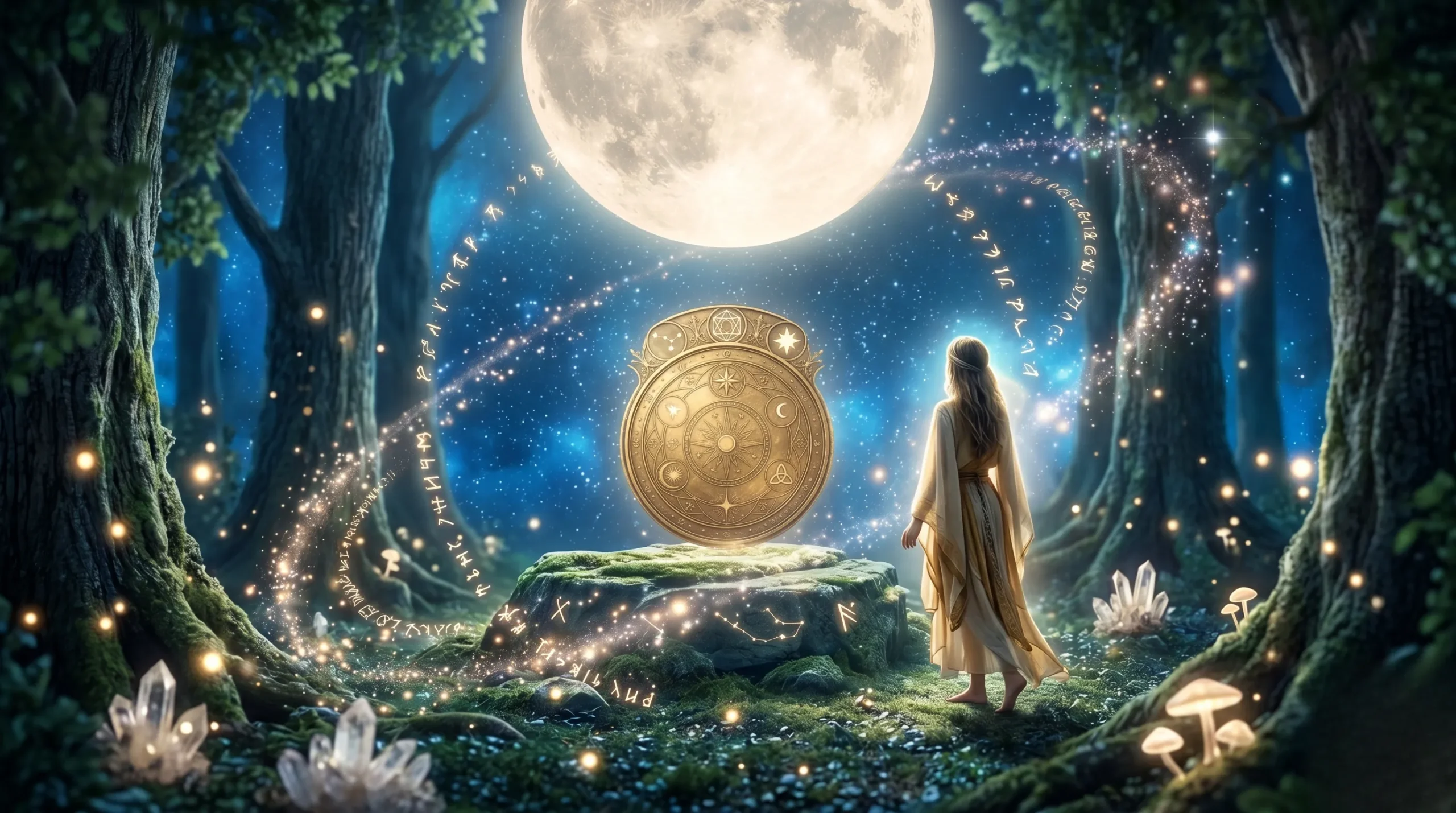 Clairière de forêt enchantée illuminée par une lune géante et des étincelles dorées. Wicca religion