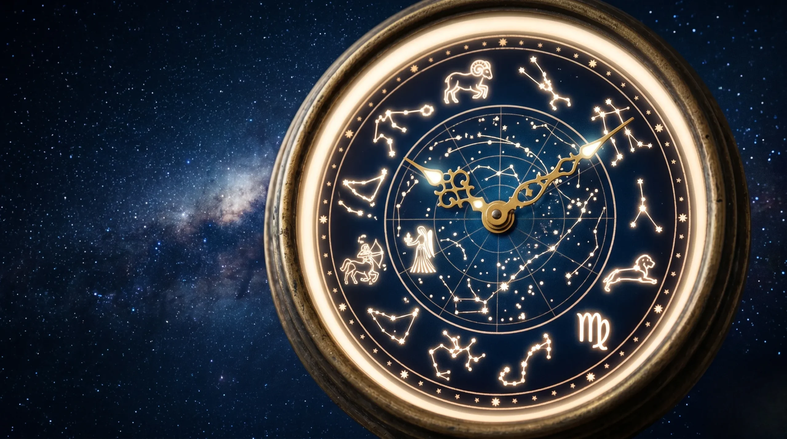 Un cadran d'horloge céleste avec des constellations pour illustrer les messages liés à la signification de 12h21. 12h21 signification