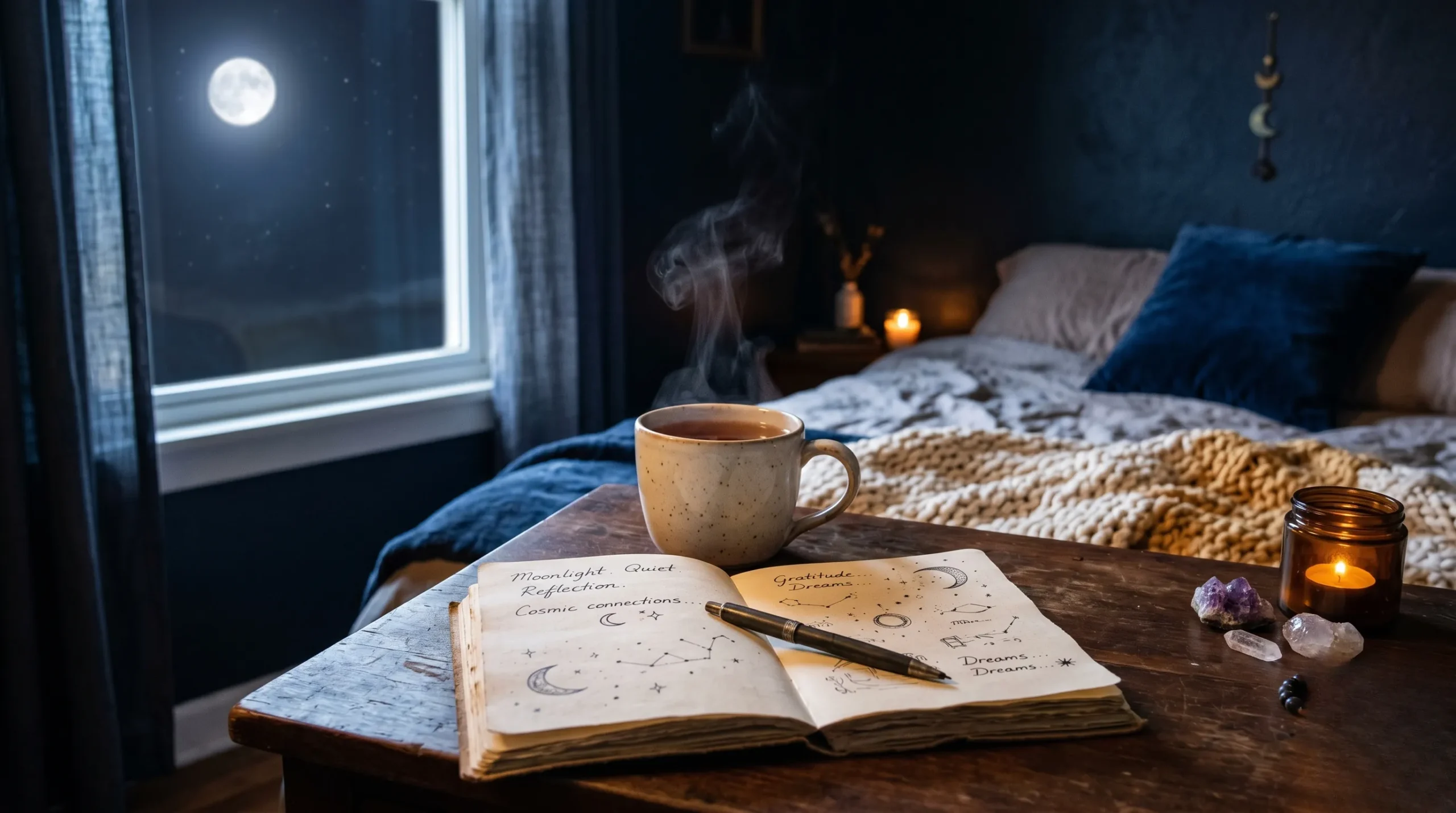 Une tasse de thé et un carnet sur une table sous une lumière douce pour illustrer la signification de 12h21.