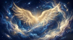 Des ailes formées par de la lumière dorée dans un ciel nocturne pour la signification de 14h41.