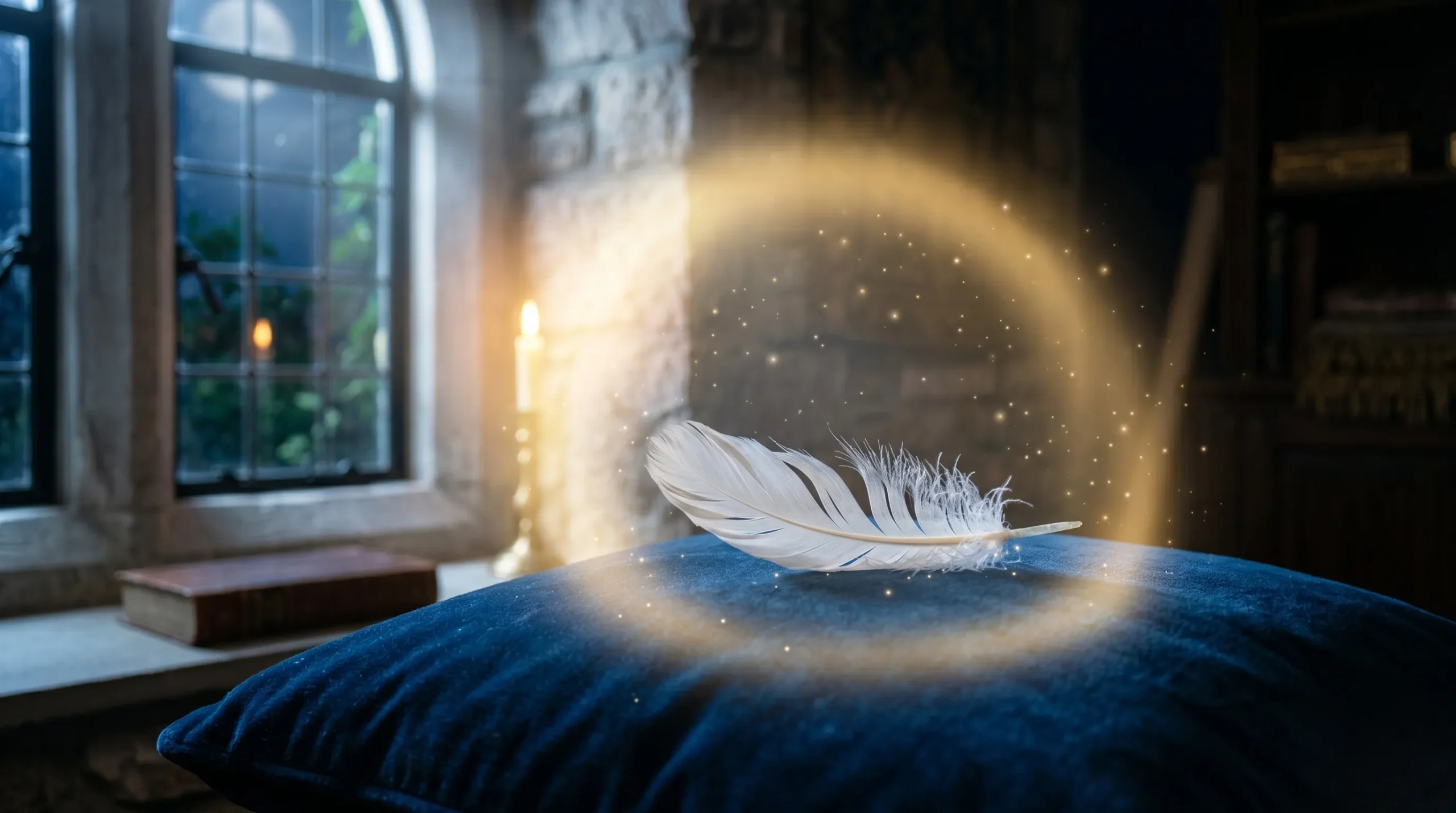 Une plume délicate sur un coussin sous une lumière lunaire, symbolisant les messages pour la signification de 14h41. 14h41 signification