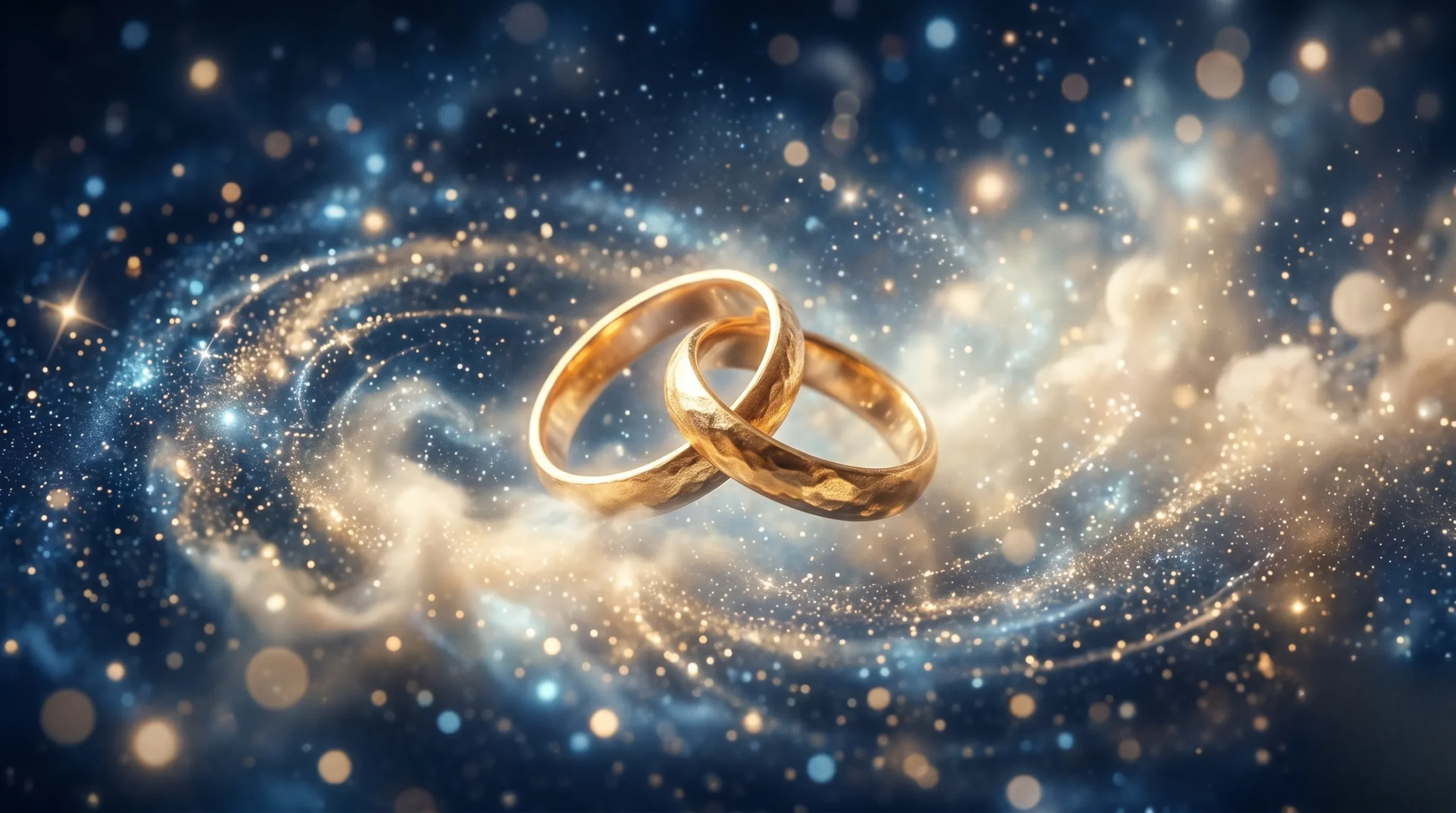 Deux anneaux dorés flottant dans une poussière d'étoiles mystique pour illustrer la signification de 15h51. 15h51 signification